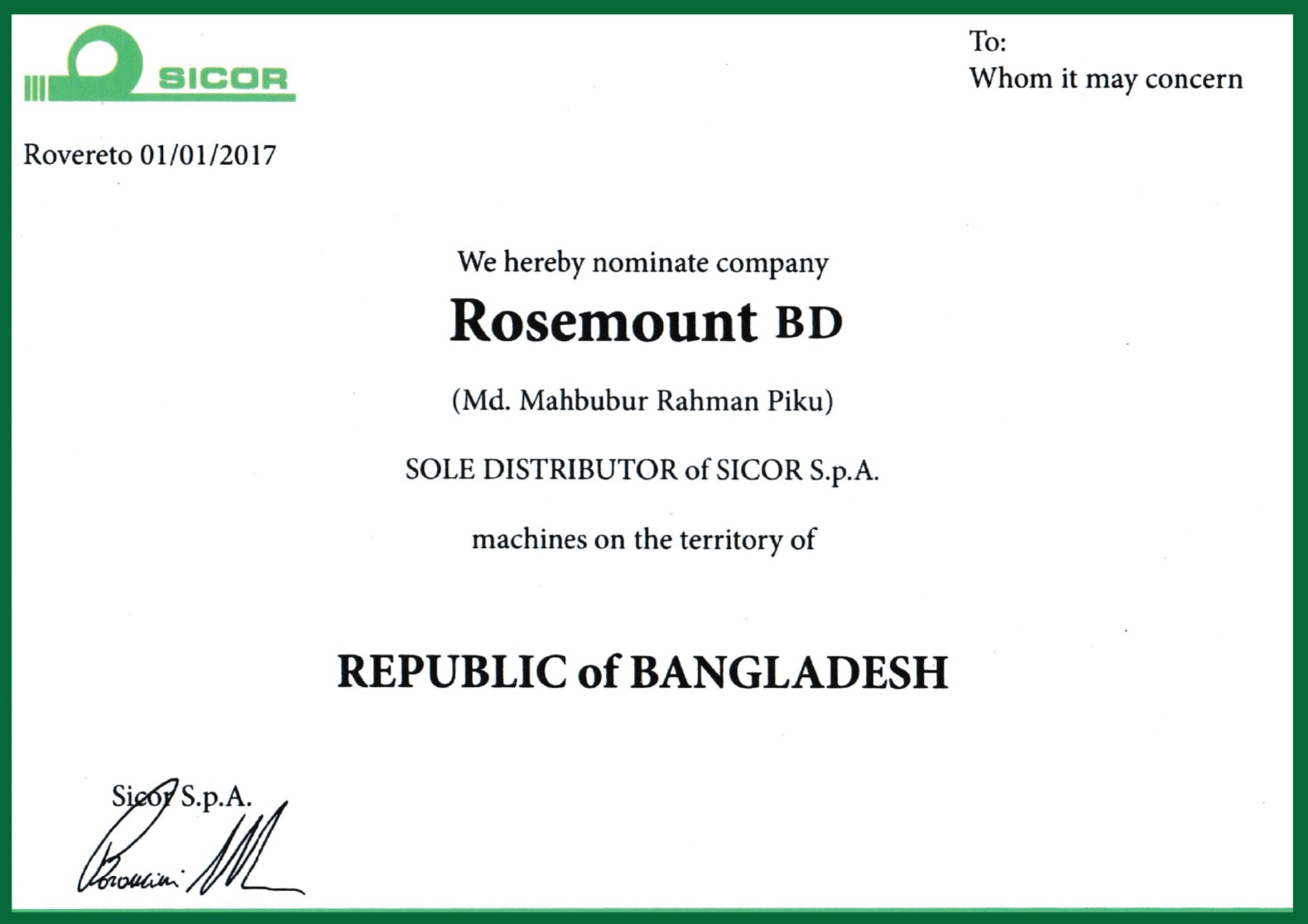 Sicor Motor Certificate